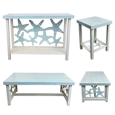 NAUTICAL  STARFISH TABLE SET.  1- Rectangle Sofa Table, 1- Rectangle Coffee Table, 2- Square Iron End Tables