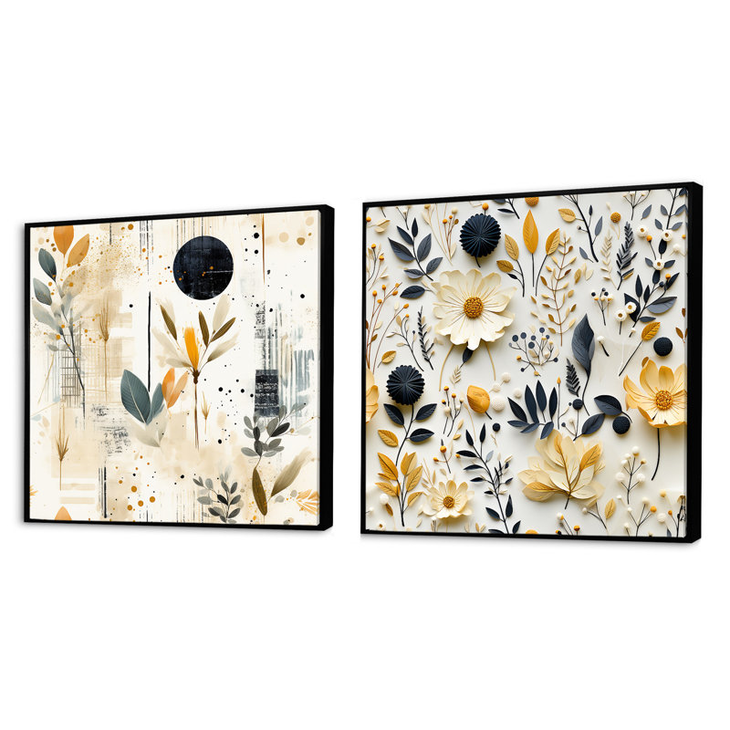 Alapaha - Ensemble de 2 collages carrés botaniques abstraits, Cadre flottant noir, H 16 po x l 33 po