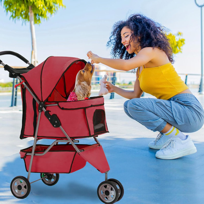 Red 3-Wheel Foldable Alloy Steel Dog Stroller with Storage Basket