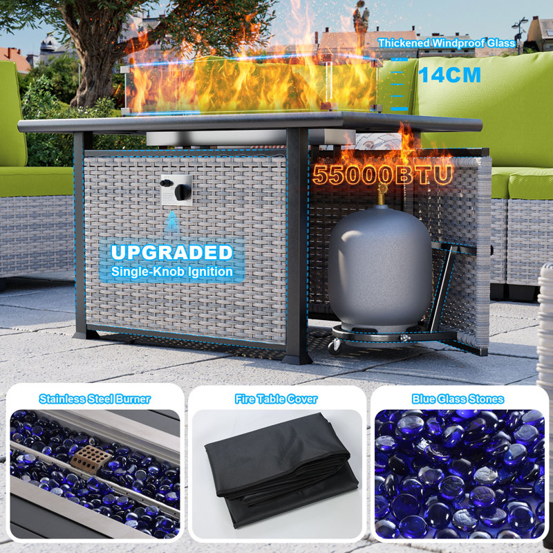 8-Piece Patio Furniture Set, Outdoor Patio Furniture with 55,000 BTU Fire Pit Table, Thick Cushions, Modular Patio Sofa, Dual-Strand Wicker Rattan, Rust-Resistant Frame