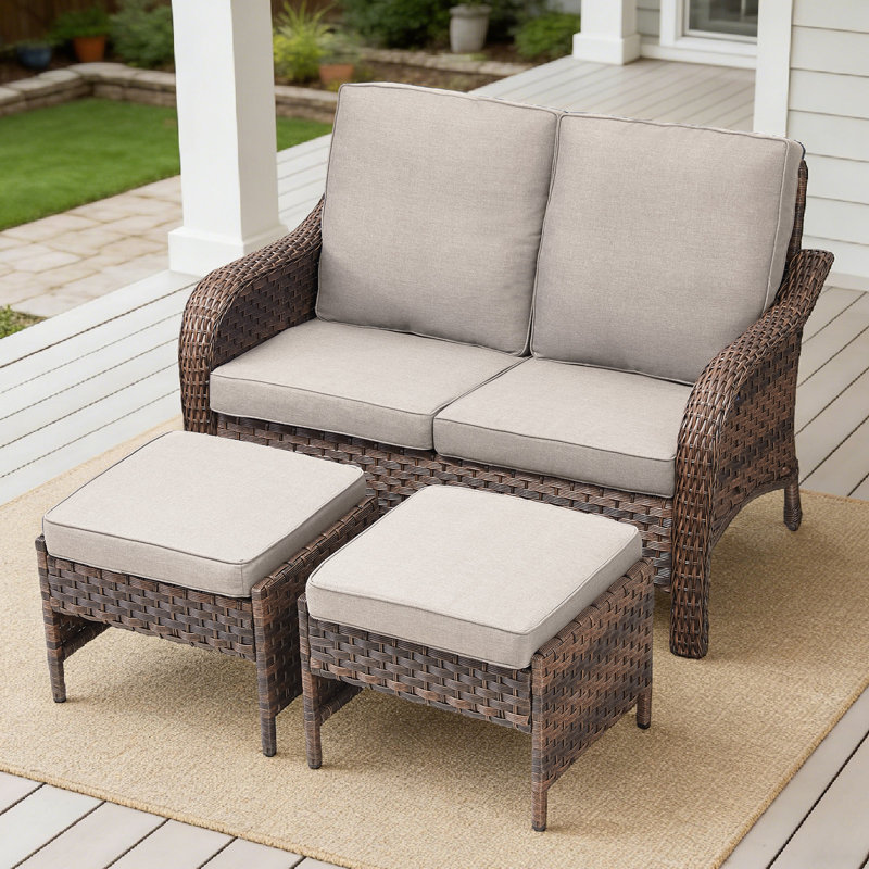 Arley 3-Piece Outdoor Wicker Curved Arms Patio Loveseat With Ottomans, Beige