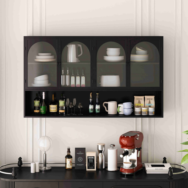 Armoire murale en verre 47,25 po à quatre portes, murale, convenant à la cuisine, au salon et à la salle de bain, Noir