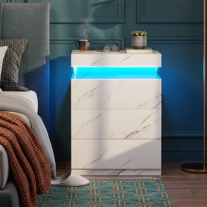 Table de chevet 26,8 po H noire avec station de charge - lumières DEL, tiroir supérieur coulissant, Marbre blanc