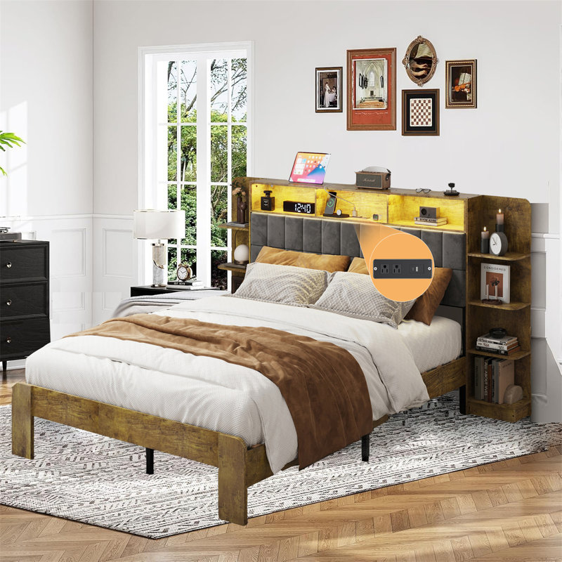Cadre de grand lit avec rangement, grand lit plateforme avec lumières DEL