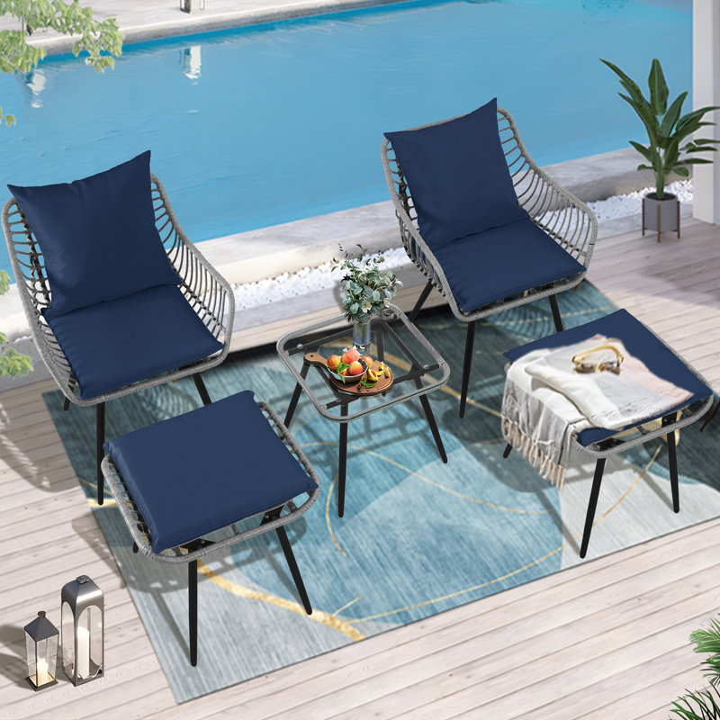 5 Pieces Wicker Patio Bistro Outdoor Furniture Set with Cushions & Ottoman, Blue/Gray