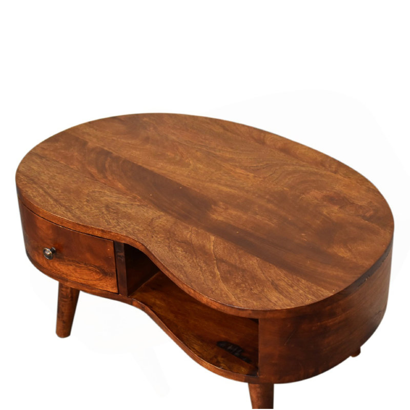 Mini table basse en bois châtaignier ondulé, 1 tiroir, 1 tablette ouverte, pieds nordiques, brun foncé