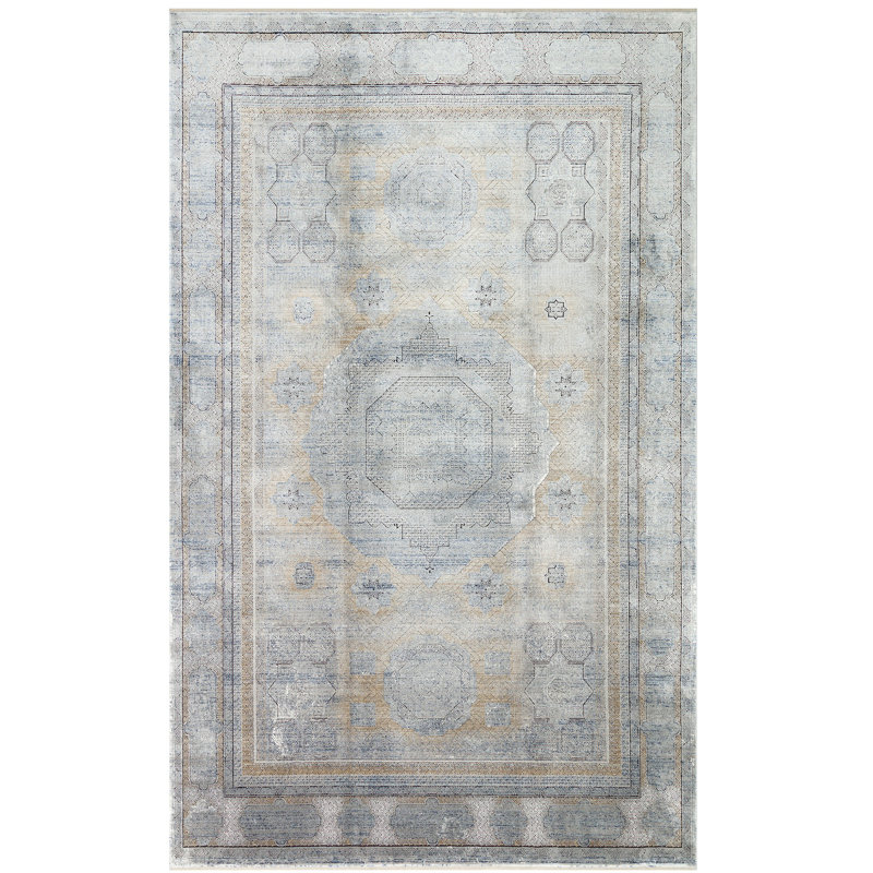 Tapis oriental gris / jaune en viscose tissé à la machine Lenhardt, Rectangle 3 pi 3 po x 6 pi 7 po