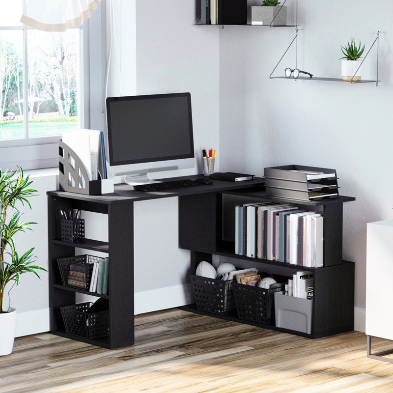 L Shaped Corner Desk, 360 Degree Rotating With Storage, Black Writing Desk For Home, Space Saving & Construction Work Storage Shelves, Spacious Office Table
