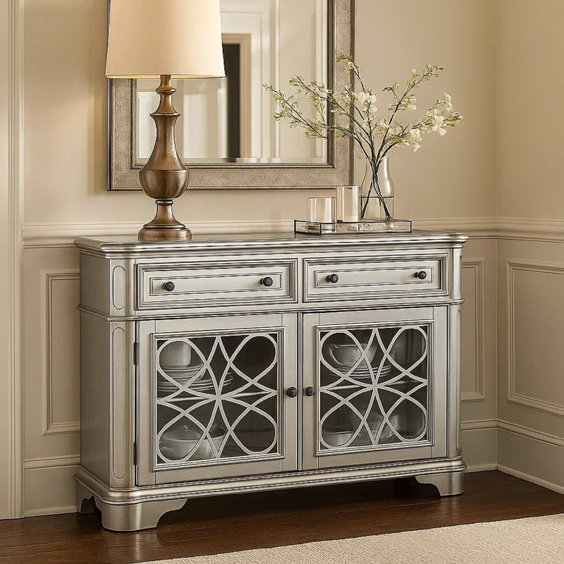 Garry Sideboard Buffet Console, 2 Drawers, Cabinets, Silver Wood, 56 Inch, Black/Silver