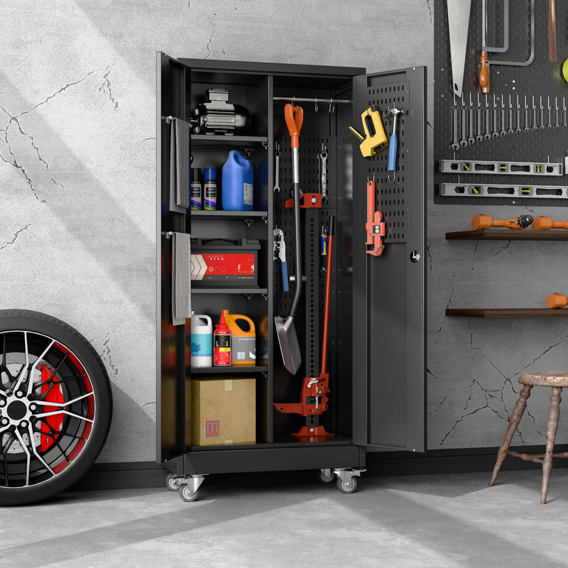 71 po Armoire autoportante à roulettes en métal H avec tringle, crochets et panneau perforé noir, Noir