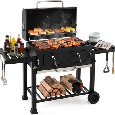 Heavy-Duty Steel 752 sq.in. Portable Charcoal Grill with Dual-Zone Lifting Trays, Folding Side Tables & Wheels – Ideal for Backyard BBQ, Camping & Outdoor Cooking