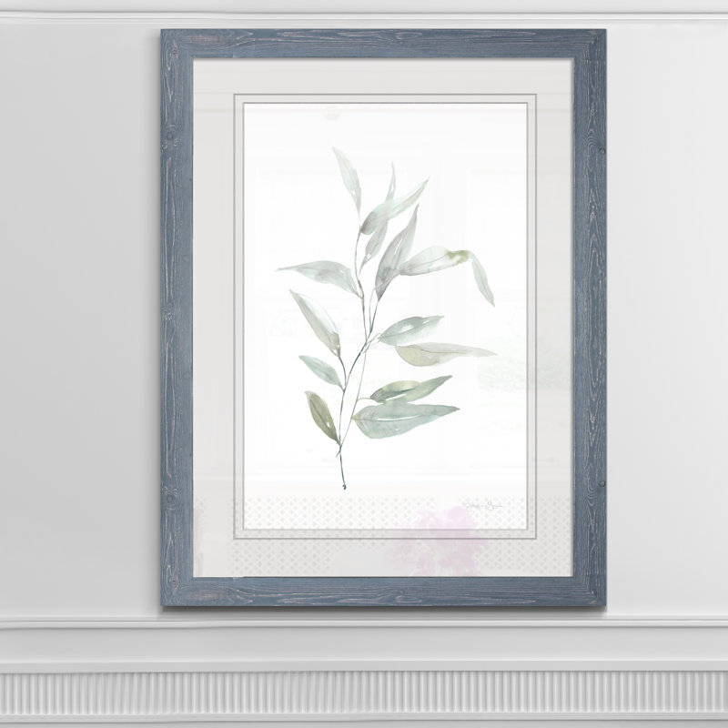 « ethereal eucalyptus ii »-impression du cadre sur verre, H 32 po x l 44 po x 1,25 po, Encadré imprimé gris