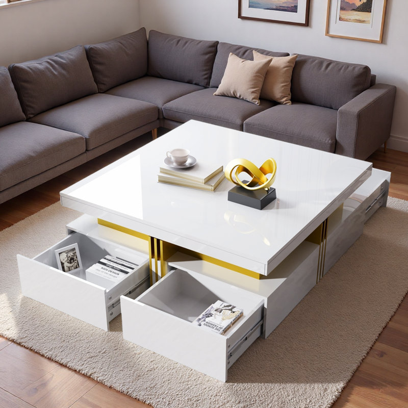 Table basse moderne carrée avec 4 tiroirs, Blanc