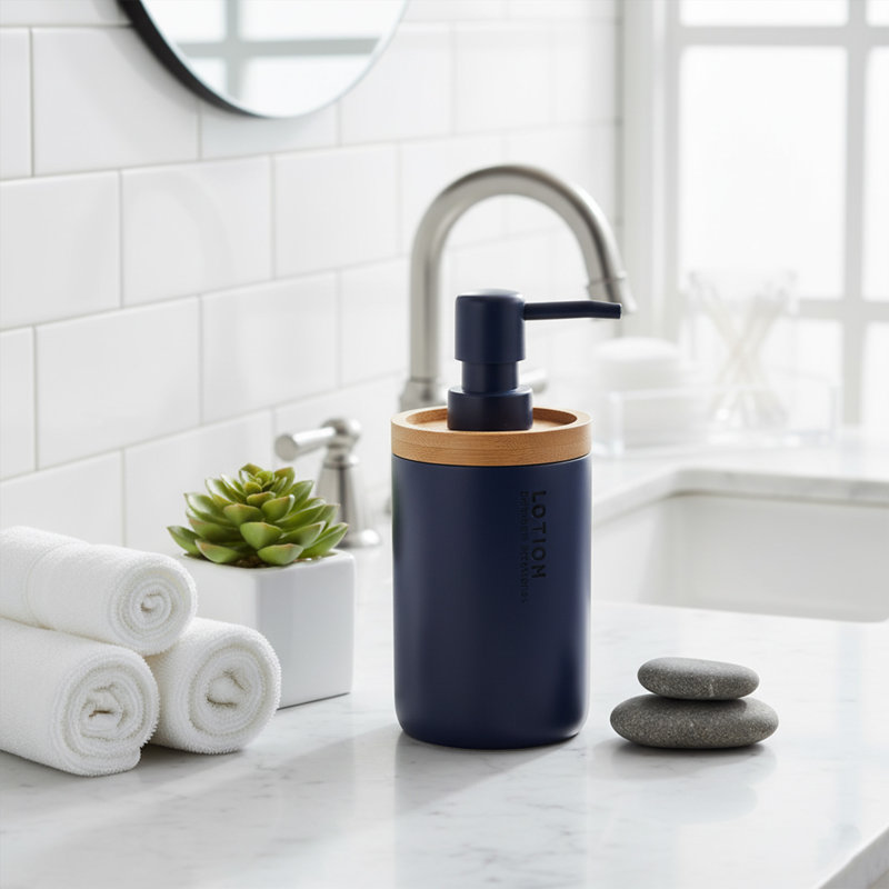 Willis Pure Matte Soap Dispenser with Natural Bamboo Top, Navy Blue