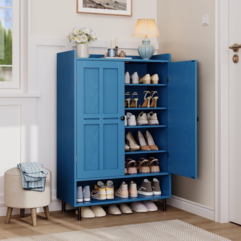 Armoire à chaussures Aleatha 6 paires à 24 paires avec portes et tablettes réglables pour le vestibule, Bleu