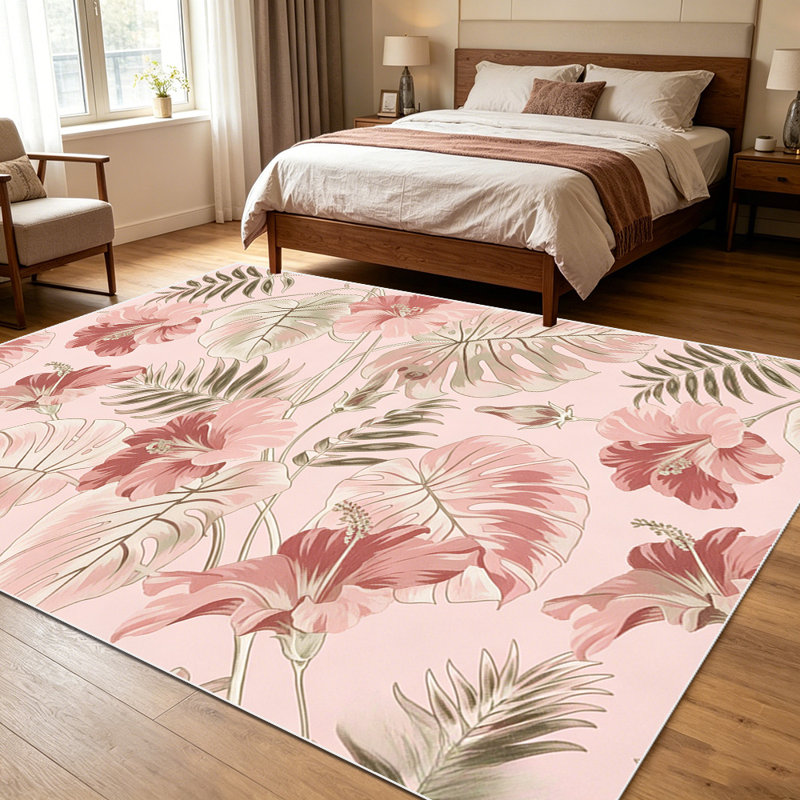 1PC Blush Pink Boho Minimalist Tropical Monstera Palm Leaf area rugs for Living Room, Soft and Comfortable, Suitable for all seasons, easy-to-maintain, machine washable Indoor floor mat, Under Table Farmhouse suitable for dining area, bedroom.