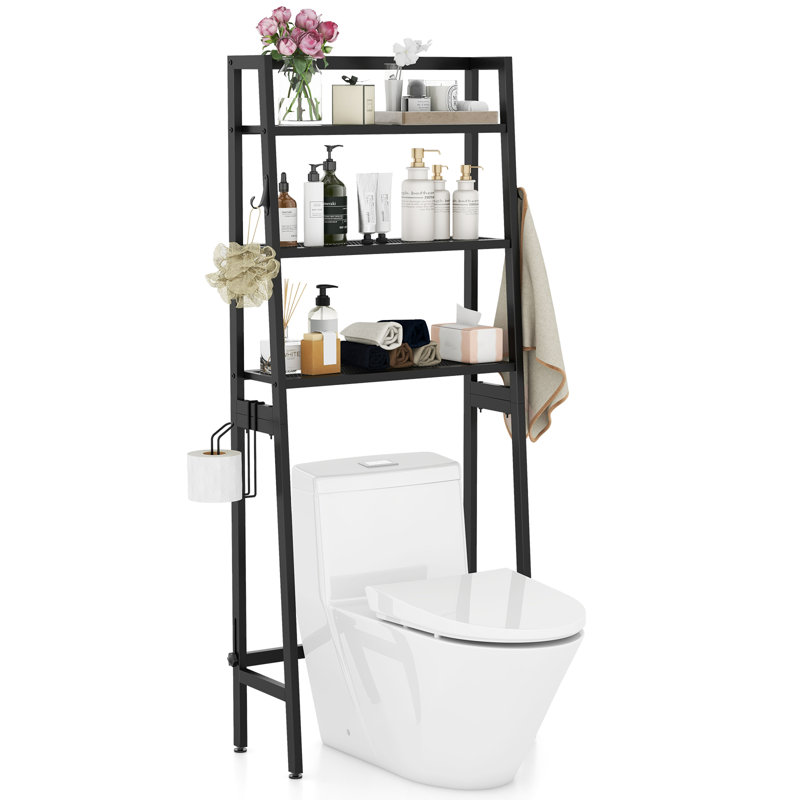 Ebern Designs Over the Toilet Storage 3-Tier Freestanding Bathroom Organizer Shelf w/ 2 Hanging Hook, Black
