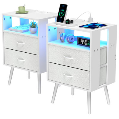 2 Pack Modern Nightstand With Charging Station, Bedside Tables With LED Light And Fabric Drawers by George Oliver