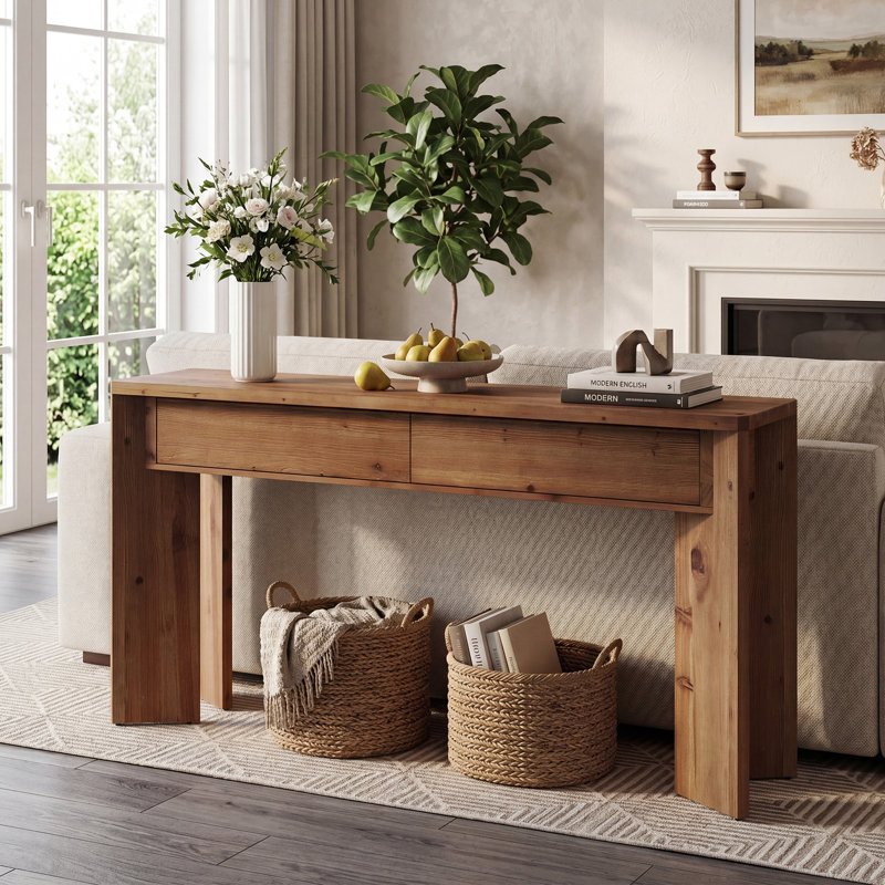 Solid Wood Console Table with 2 Drawers, 63" Simple Vanity Table Writing Desk