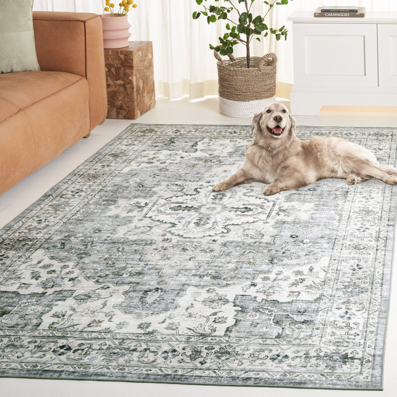 Tapis oriental en polyester tissé à la machine en gris clair / beige Lonon, Rectangle 9 po x 12 po