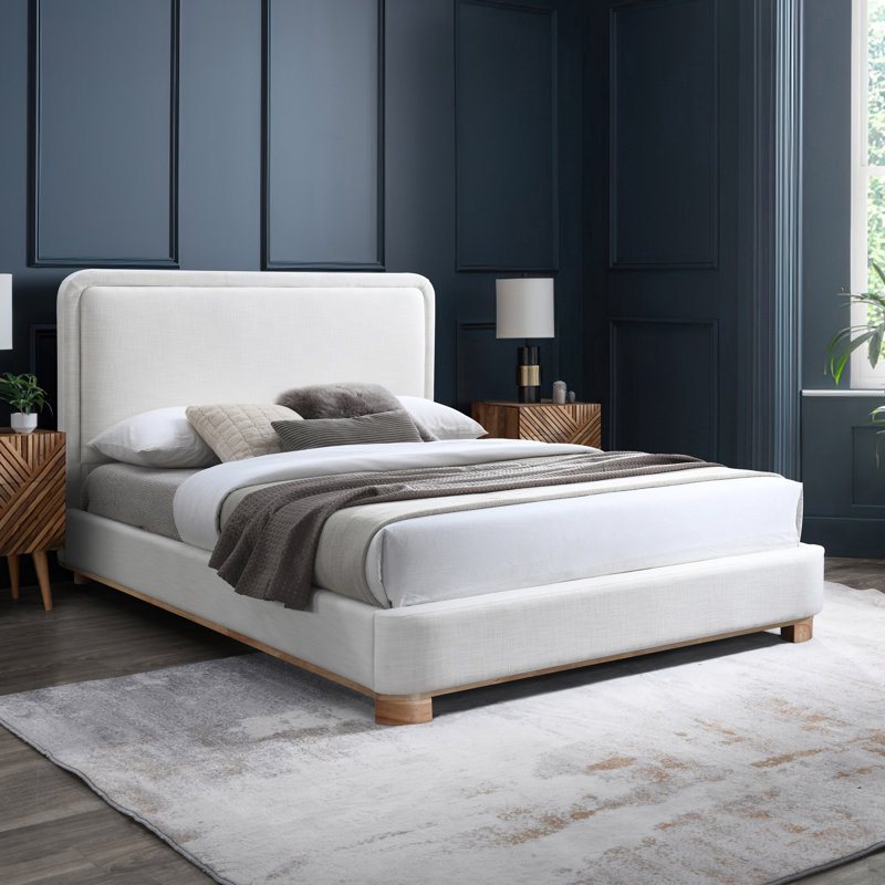 Nolita Tilman Solid Wood Upholstered Platform Bed, Cream Linen Textured Fabric / Stained Natural, King