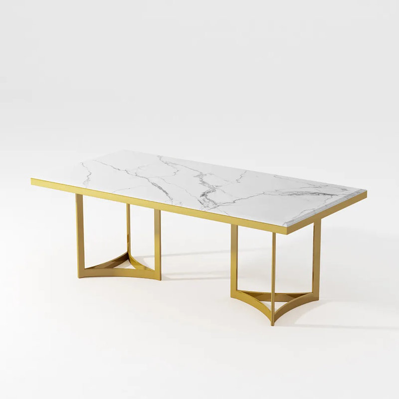 Table de salle à manger moderne en faux marbre blanc avec base à double piédestal pré-assemblée