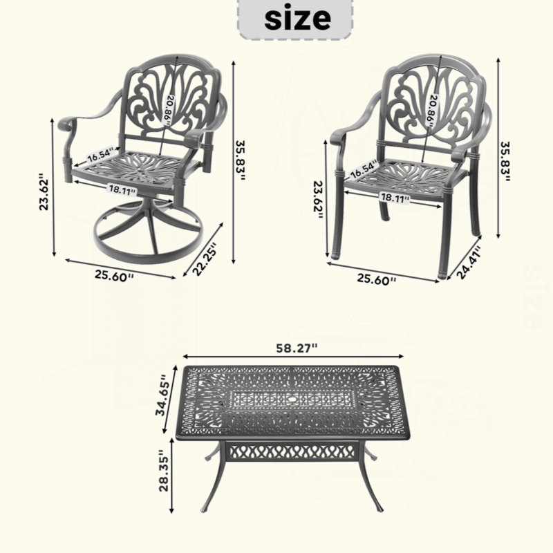 Ensemble de salle à manger toutes saisons en fonte d'aluminium pour 6 personnes avec chaises confortables et table polyvalente