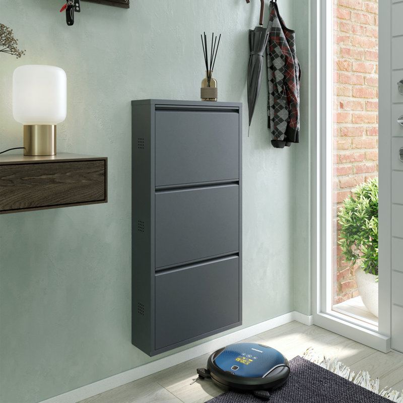 Antibacterial 3 Tier Metal Shoe Cabinet Side Holes, Anthracite