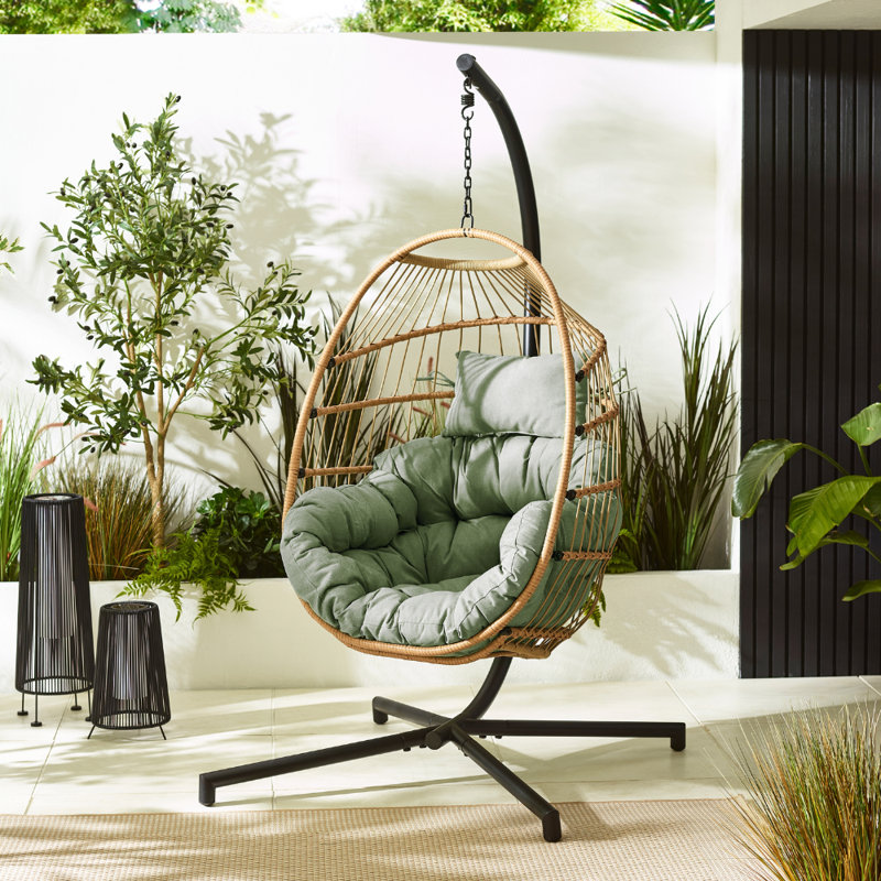 Kouts Cosy Rattan Weave Hanging Egg Chair Garden With Cushion - Contemporary Modern Design, Green