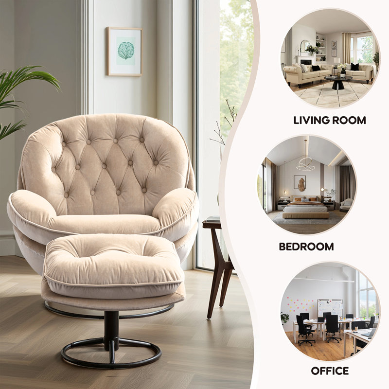 Anouk Tufted Back Type Swivel Base Accent Chair with Ottoman, Beige Velvet