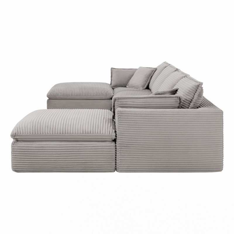 Canapé modulaire entièrement compressé en forme de U avec repose-pieds, Velours côtelé gris pâle