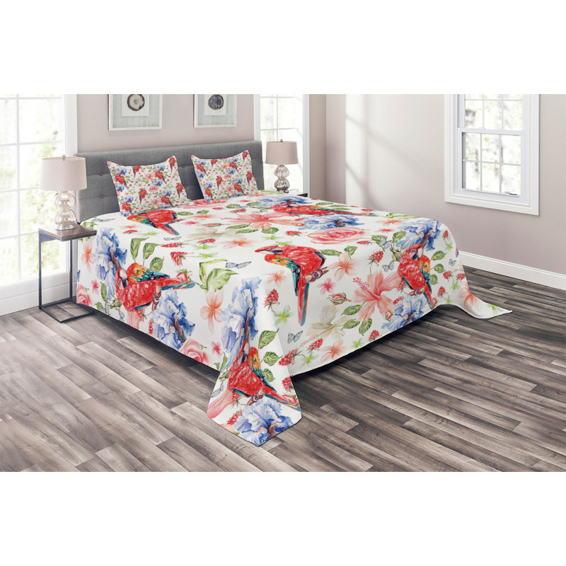 Parrot Coastal Polyester Floral Coverlet, King Bedspread + 2 Shams