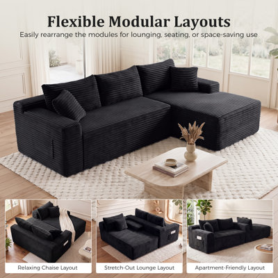 106.3" Wide Plush Corduroy Modular Sectional Sofa with L-Shaped Chaise, Deep Seat Cloud Couch, No Assembly Required, Camel