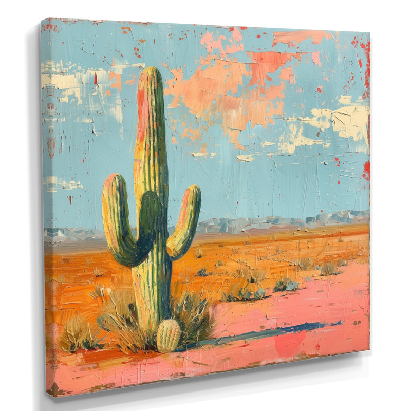 Cactus rétro rose du sud-ouest - Cactus, art mural, Toile tendue, H 16 po x l 16 po x P 1 po