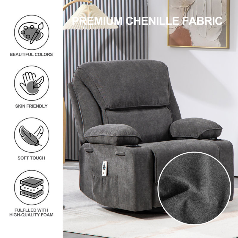 Modern Heated Massage Swivel Rocker Recliner with cup holders, Dark Gray