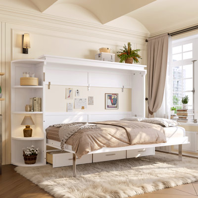 Full Size Murphy Platform Bed with Shelf, Side Cabinets & Drawers, Space-Saving Wall Bed for Home Office,White
