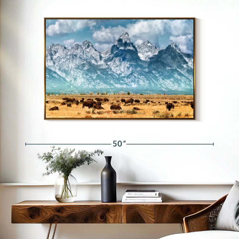 Troupeau de bisons à Grand Teton, Cadre flottant doré, 40 po x 27 po