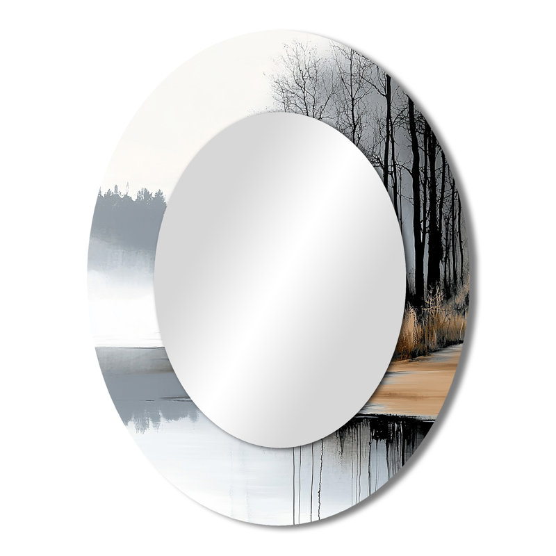 Paysage gris d'hiver au bord du lac II - Miroir décoratif ovale sur métal, 43 po x 33 po