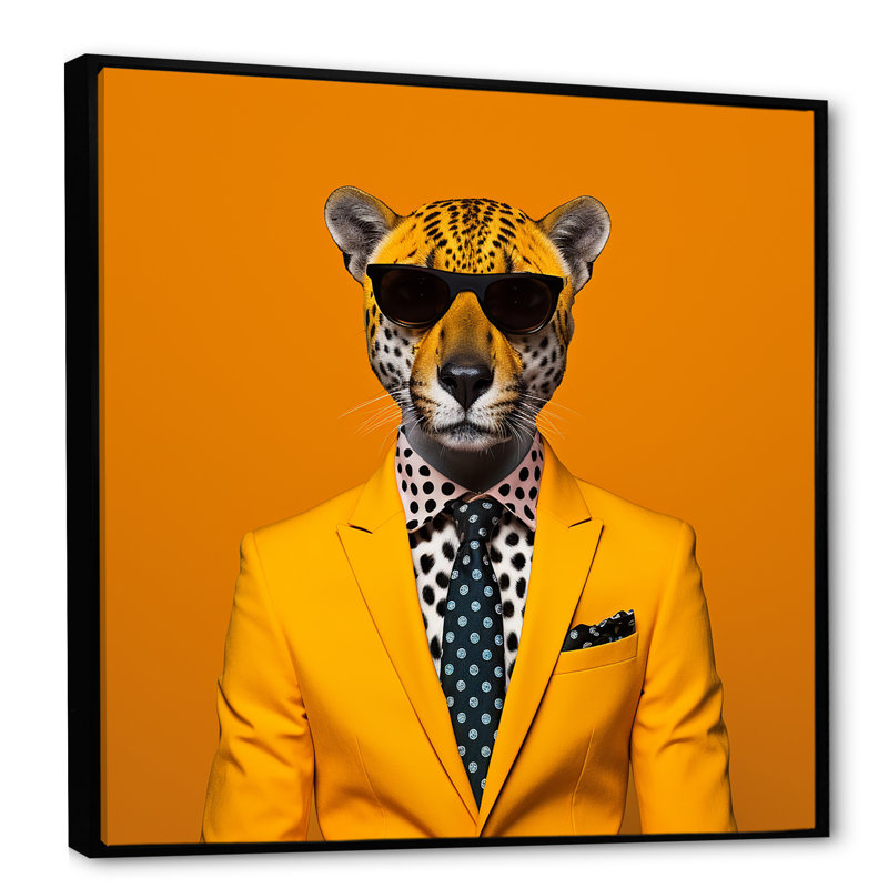 Art mural jaune avec guépard jaune, Cadre flottant noir, H 36 po x l 36 po x P 1,5 po