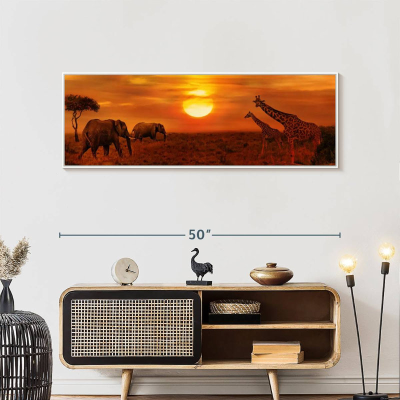 Coucher de soleil africain, Cadre flottant blanc, 49" X 17"