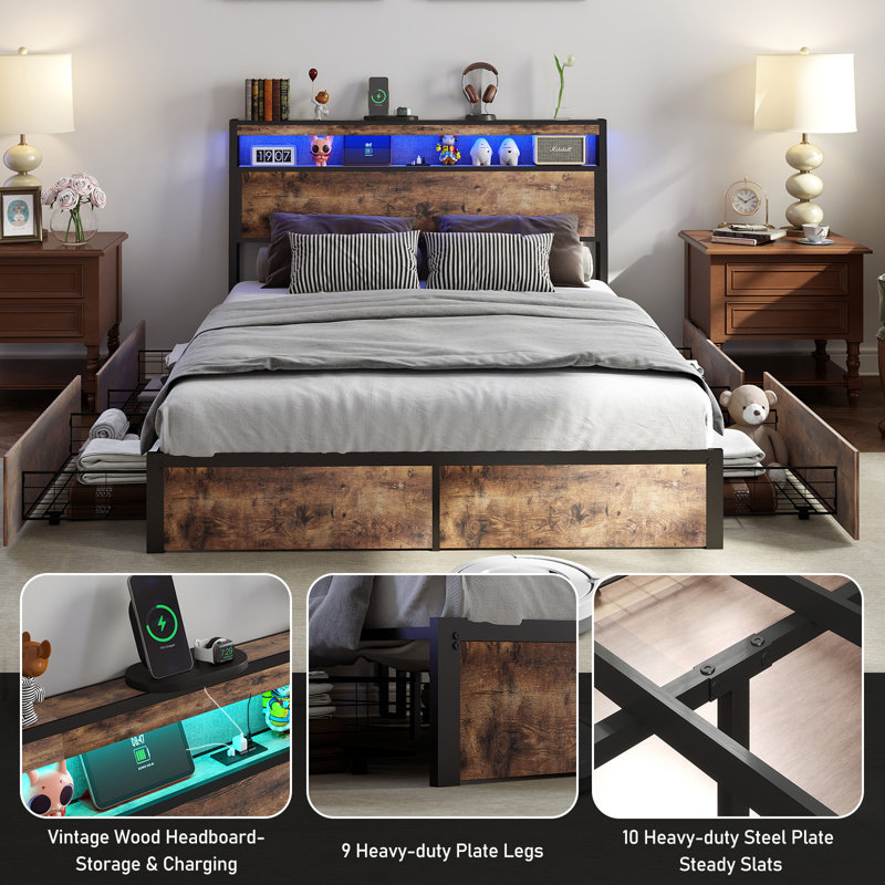 Full Size Bed Frame with 4 Drawers, Bed Frame with Storage Headboard, LED Lights and Charging Station, Full, Brown/Black