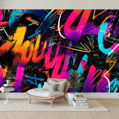 Peel and Stick Wallpaper 96" W x 69" H Modern Self Adhesive Wall Mural for Bedroom Abstract Bright Graffiti Bricks Paint Drips Words Painting