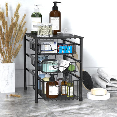 3-Tier Stackable Sliding Basket Storage Organizer Drawer For Bathroom And Kitchen, Black