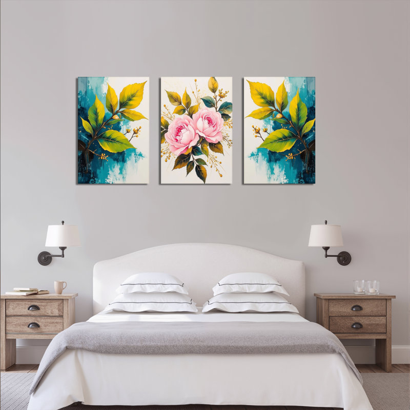 Motif floral et feuille, reproduction d'art sur toile tendue sur toile (ensemble de 3), H 36 po x l 72 po