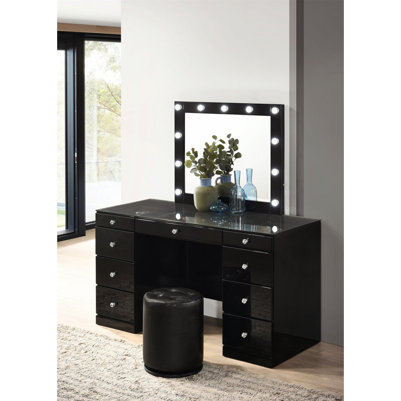 Ensemble de coiffeuse 3 pièces avec miroir lumineux à DEL, 9 tiroirs, boutons en cristal et tabouret rond pour un décor de chambre à coucher élégant