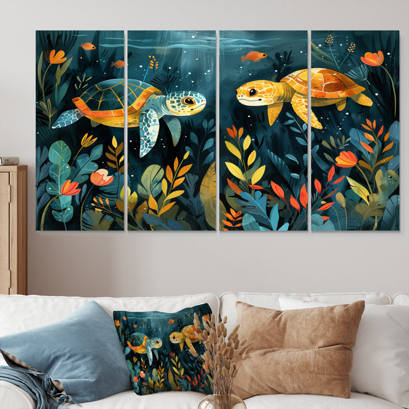 Ensemble de salon art mural tortue verte et orange, H 32 po x l 64 po