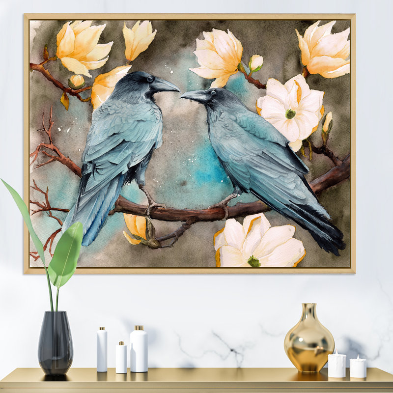 Deux corbeaux sur les branches de magnolia avec fleurs - reproduction sur toile, Cadre flottant en érable