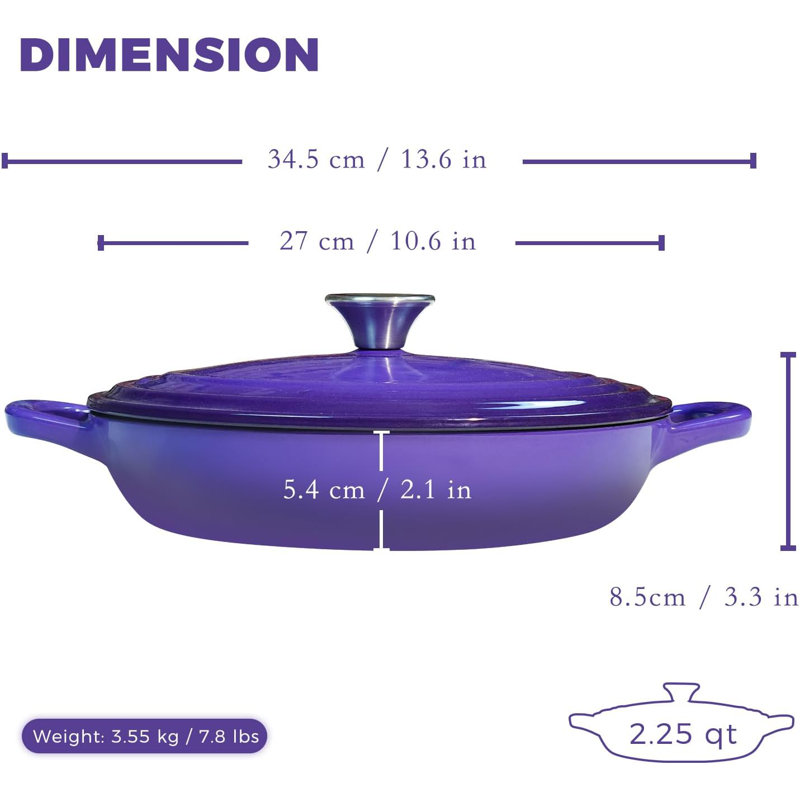 Braisière en fonte émaillée de 2,25 pintes - Mini poêle peu profonde pour 1 à 2 personnes, toutes les surfaces de cuisson et allant au four