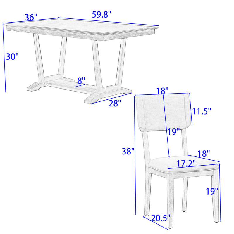 5-Piece Dining Table Set, Rectangular Dining Table and 4 Linen Upholstered Chairs, Walnut