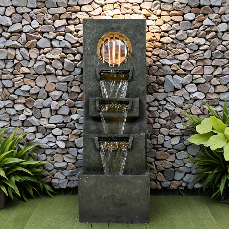 39.3" Garden Water Fountain Outdoor – Modern Cascading Resin Waterfall Fountain With LED Light, Mossy Stone Look, Floor-Standing Outdoor Water Feature For Patio, Yard, Deck, Home Décor